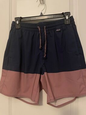 Patagonia Navy and Dusty Rose Colorblock Swim Shorts